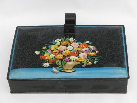 photo of flowers on black, vintage Decoware tole crumb pan w/ cover #2