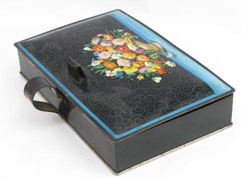 photo of flowers on black, vintage Decoware tole crumb pan w/ cover #4