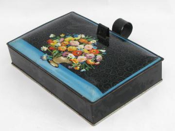 catalog photo of flowers on black, vintage Decoware tole crumb pan w/ cover