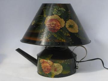 catalog photo of flowers on black vintage hand-painted tole shade watering can lamp