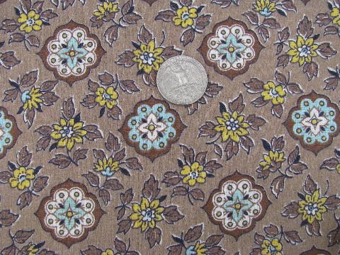 photo of flowers on brown, vintage floral print cotton barkcloth fabric, never used #1