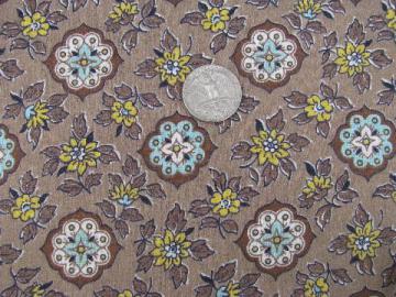 catalog photo of flowers on brown, vintage floral print cotton barkcloth fabric, never used