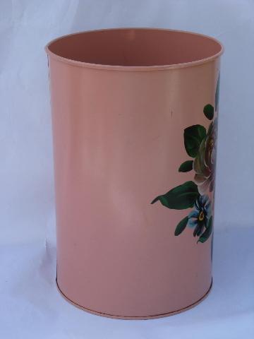 photo of flowers on pink, 1950s vintage lady's boudoir wastebasket, tole painted metal #2