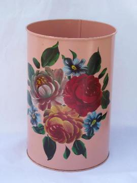 catalog photo of flowers on pink, 1950s vintage lady's boudoir wastebasket, tole painted metal