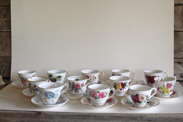 photo of flowery vintage English bone china tea cups, set 12 mismatched cup & saucer sets #1