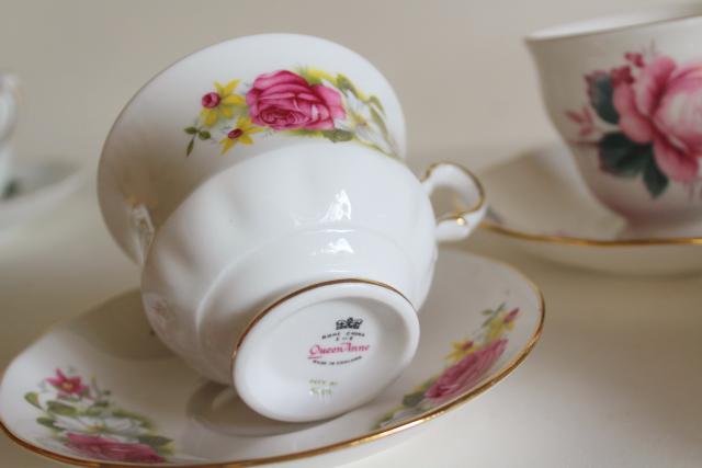 photo of flowery vintage English bone china tea cups, set 12 mismatched cup & saucer sets #4