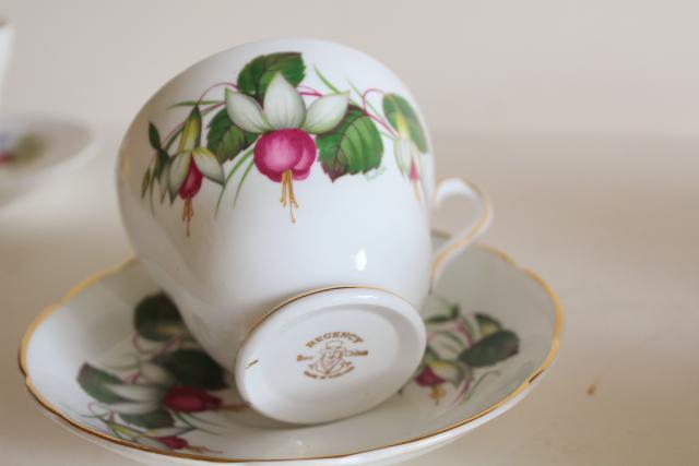 photo of flowery vintage English bone china tea cups, set 12 mismatched cup & saucer sets #5