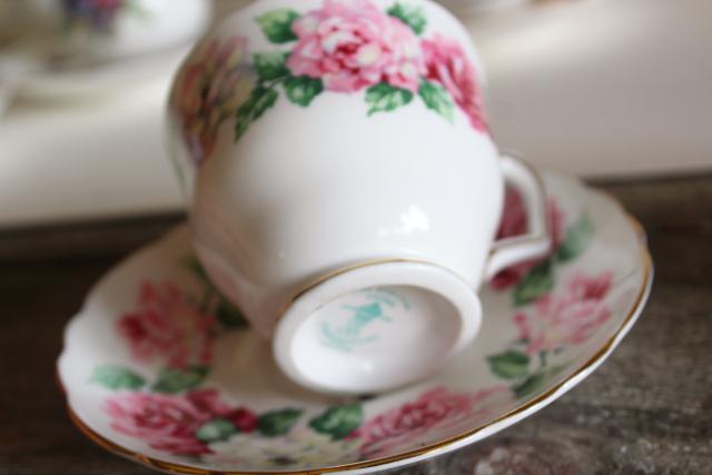 photo of flowery vintage English bone china tea cups, set 12 mismatched cup & saucer sets #11