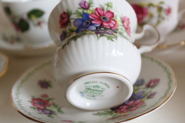 photo of flowery vintage English bone china tea cups, set 12 mismatched cup & saucer sets #13