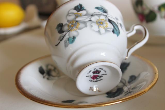 photo of flowery vintage English bone china tea cups, set 12 mismatched cup & saucer sets #14
