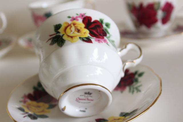 photo of flowery vintage English bone china tea cups, set 12 mismatched cup & saucer sets #15