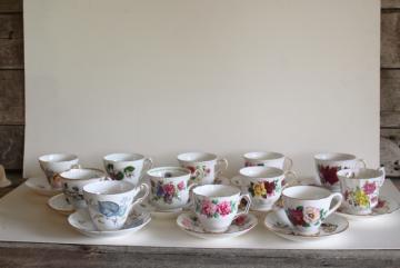 photo of flowery vintage English bone china tea cups, set 12 mismatched cup & saucer sets