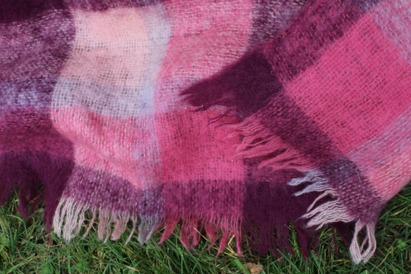 photo of fluffy pink purple plaid mohair wool throw, vintage blanket woven in Scotland #2
