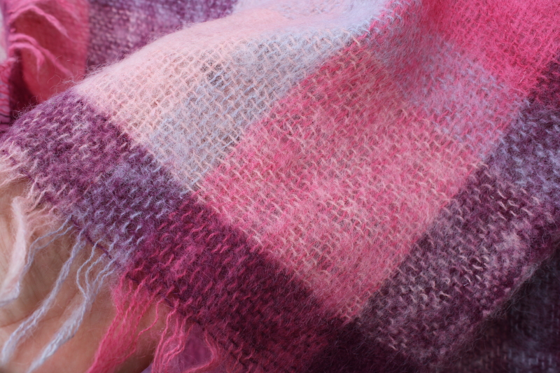 photo of fluffy pink purple plaid mohair wool throw, vintage blanket woven in Scotland #3