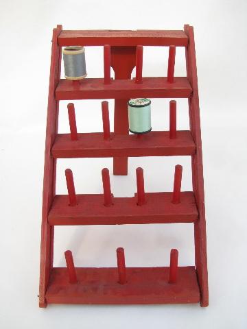 photo of folding wood sewing thread or string spool rack, red paint #1