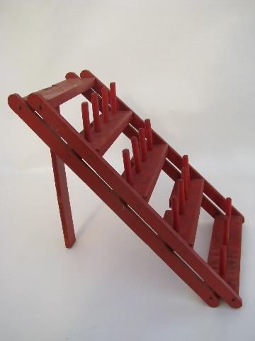 photo of folding wood sewing thread or string spool rack, red paint #2