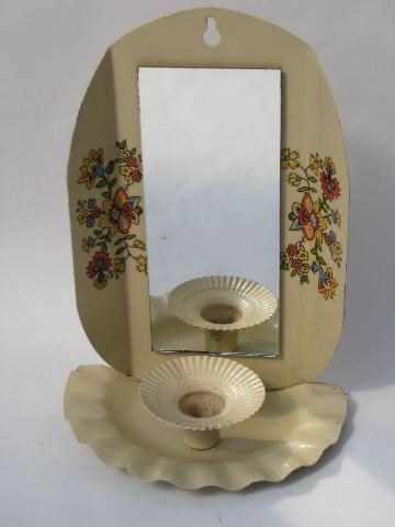 photo of folk art painted mirrored metal wall sconce candle light, vintage reproduction #1