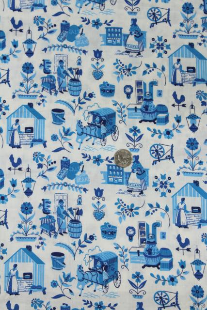 photo of folk art village print blue & white vintage toile cotton fabric, country style #2