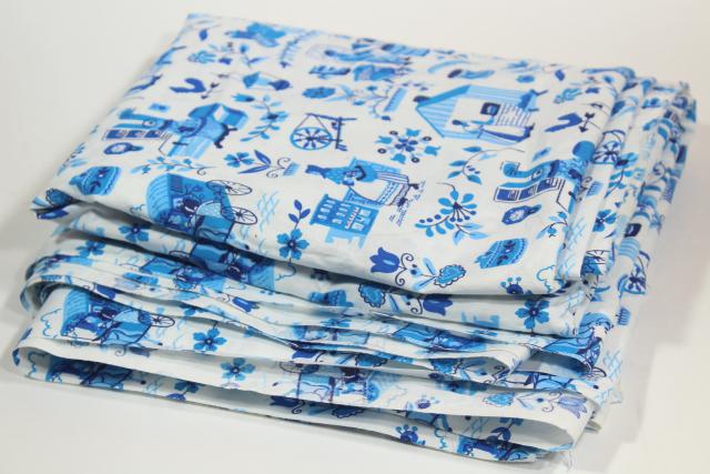 photo of folk art village print blue & white vintage toile cotton fabric, country style #4