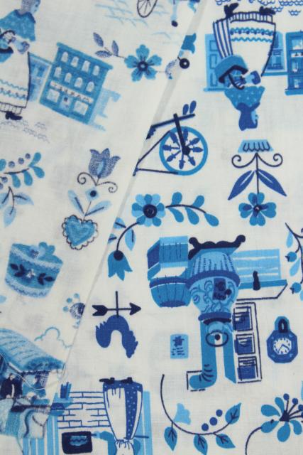 photo of folk art village print blue & white vintage toile cotton fabric, country style #5