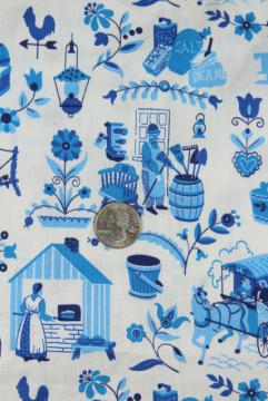 catalog photo of folk art village print blue & white vintage toile cotton fabric, country style