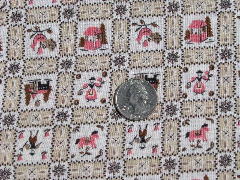 photo of folk print tiny people, vintage cotton novelty fabric #1