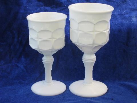 photo of footed jelly servers, tall goblet vases, vintage constellation pattern milk white glass #1