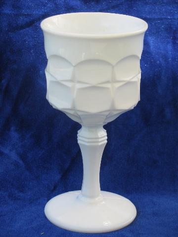 photo of footed jelly servers, tall goblet vases, vintage constellation pattern milk white glass #2