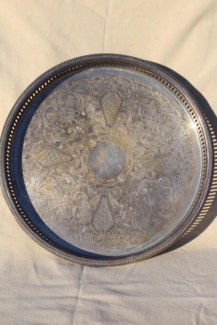 photo of footed tray w/ round gallery rim, vintage silver plate tray for table or vanity #3