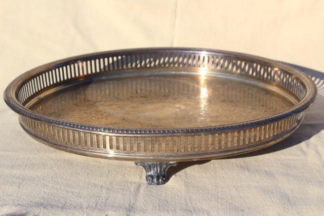 photo of footed tray w/ round gallery rim, vintage silver plate tray for table or vanity #6