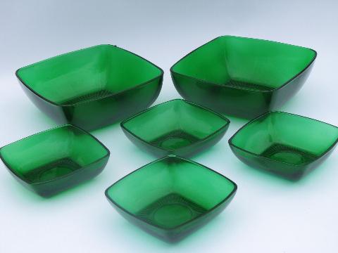 photo of forest green Charm, vintage Fire-King glass square salad bowl sets, 6 bowls #1