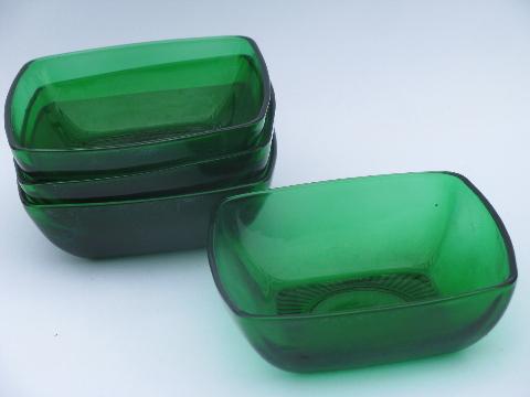 photo of forest green Charm, vintage Fire-King glass square salad bowl sets, 6 bowls #2