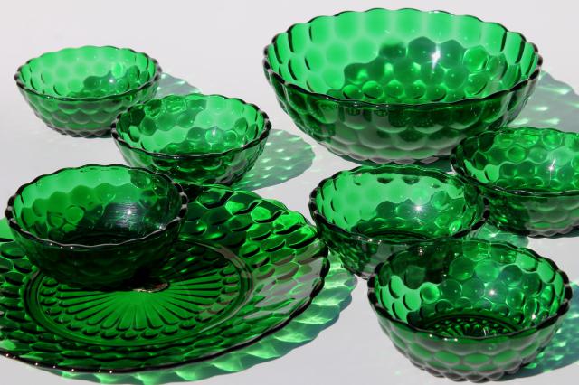 photo of forest green bubble pattern glass plate & bowls, vintage Anchor Hocking #1