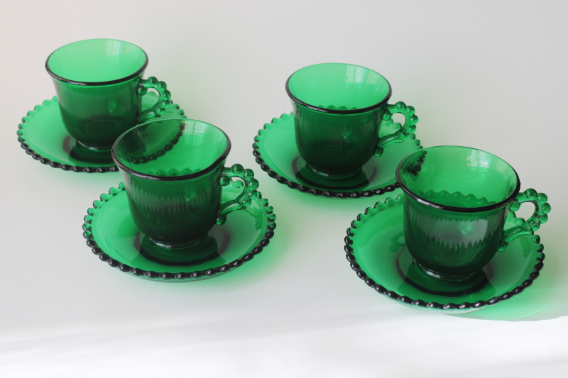 photo of forest green evergreen color Candlewick pattern tea cups & saucers, Viking glass Imperial mold  #1