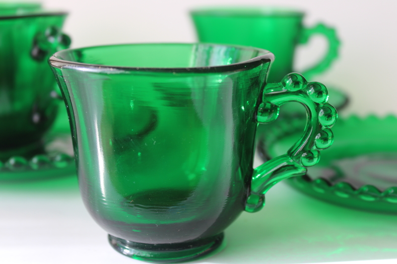 photo of forest green evergreen color Candlewick pattern tea cups & saucers, Viking glass Imperial mold  #2