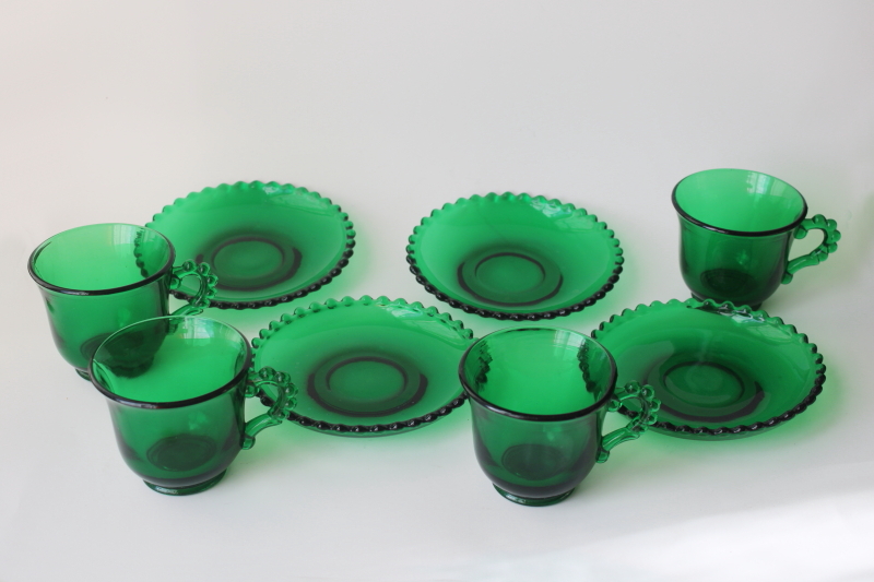 photo of forest green evergreen color Candlewick pattern tea cups & saucers, Viking glass Imperial mold  #3