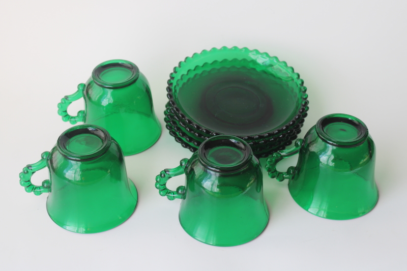 photo of forest green evergreen color Candlewick pattern tea cups & saucers, Viking glass Imperial mold  #4