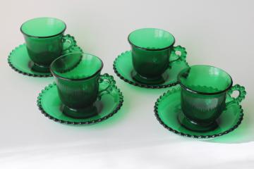 forest green evergreen color Candlewick pattern tea cups & saucers, Viking glass Imperial mold 