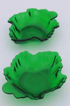 catalog photo of forest green glass maple leaf shaped bowls, vintage Anchor Hocking glassware