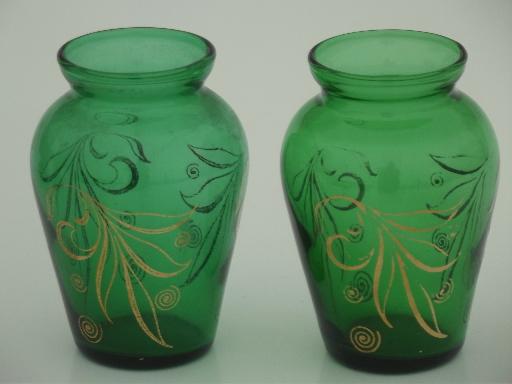 photo of forest green glass violet vases,  1950s vintage Anchor Hocking glassware #2