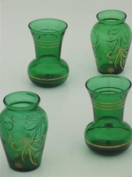 catalog photo of forest green glass violet vases,  1950s vintage Anchor Hocking glassware