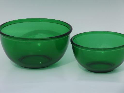 photo of forest green kitchen glass mixing bowls, 50s vintage Anchor Hocking lot #2