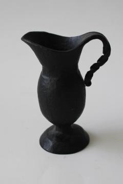 catalog photo of forged wrought iron vintage art metal pitcher vase, handcrafted brutalist style sculpture