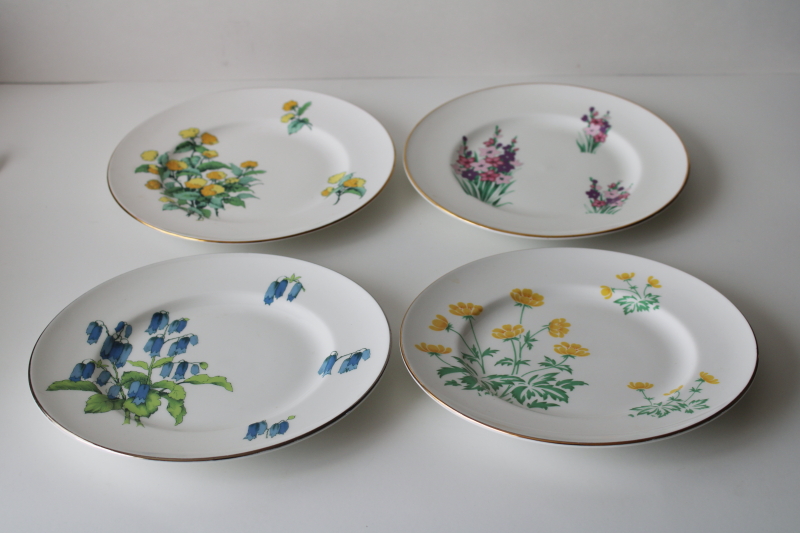 photo of four Crown Sterling china plates vintage florals English flowers buttercups bluebells glads mums  #1