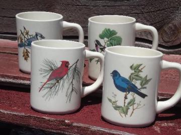 catalog photo of four bird print coffee cups, vintage USA pottery mugs for a birder