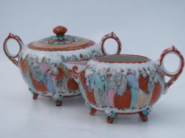 catalog photo of four character mark vintage porcelain cream and sugar, hand-painted Chinese Immortals pattern?