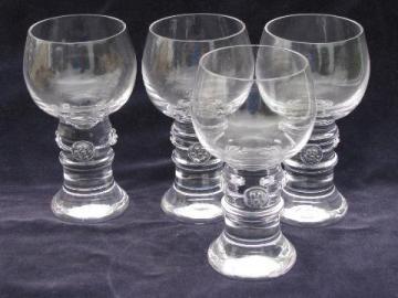 catalog photo of four hand-blown crystal water glasses, country French or Italian style