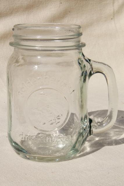 photo of four pints vintage Golden Harvest mason jar mugs, drinking glasses jars w/ cup handles #5