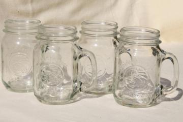 catalog photo of four pints vintage Golden Harvest mason jar mugs, drinking glasses jars w/ cup handles