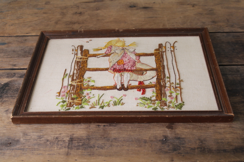 photo of framed crewel embroidery picture on linen, girl w/ braids & pinafore, Holly Hobbie vintage #2